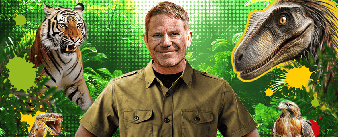 Steve Backshall stands centre in a jungle-themed graphic surrounded by a tiger, reptiles and a bird of prey, promoting Deadly Live! – 1180 × 480 px